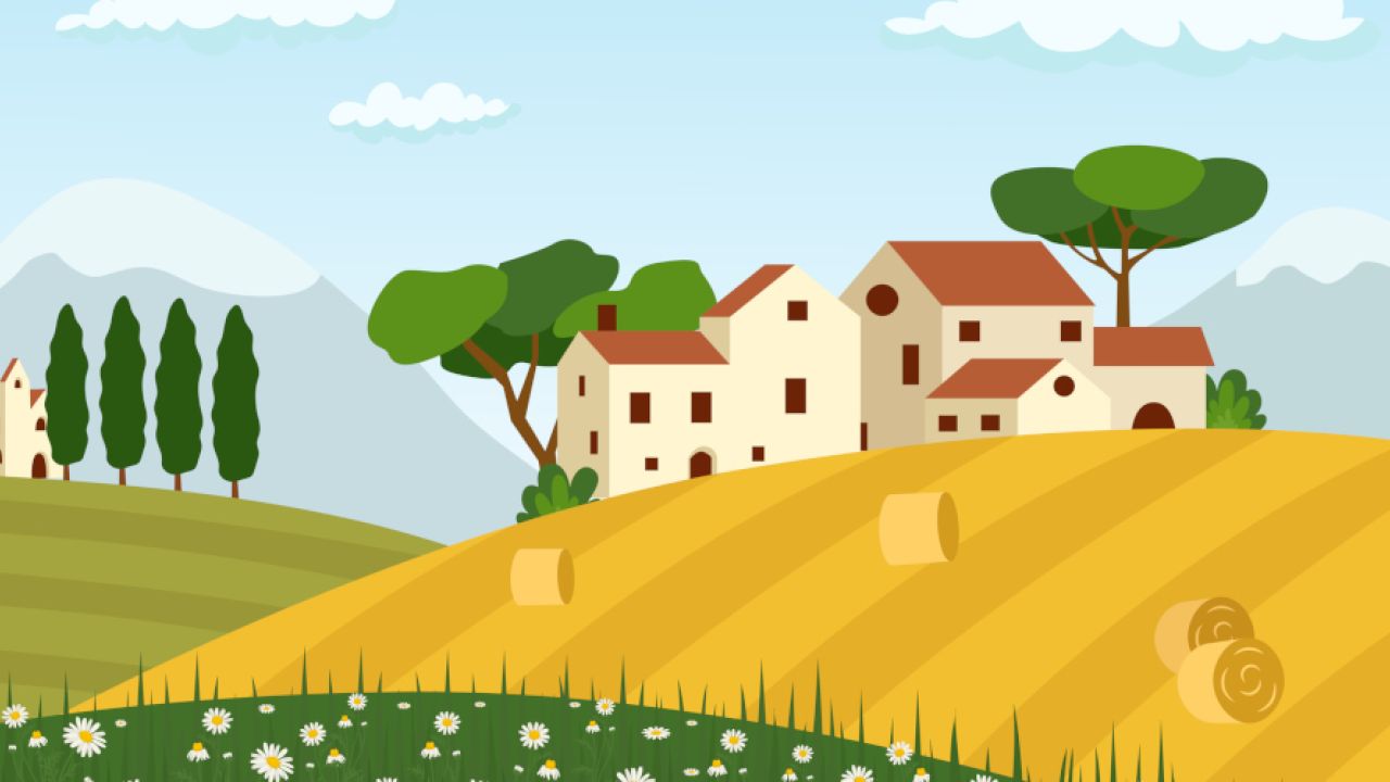 Rural landscape with houses, a field, trees and a meadow with daisies. Beautiful summer fields scenery with green hills, bright color blue sky and Village. Vector illustration in flat style.