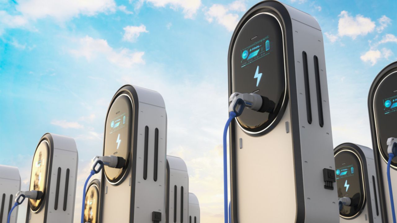 3d rendering group of EV charging stations or electric vehicle recharging stations with graphic display