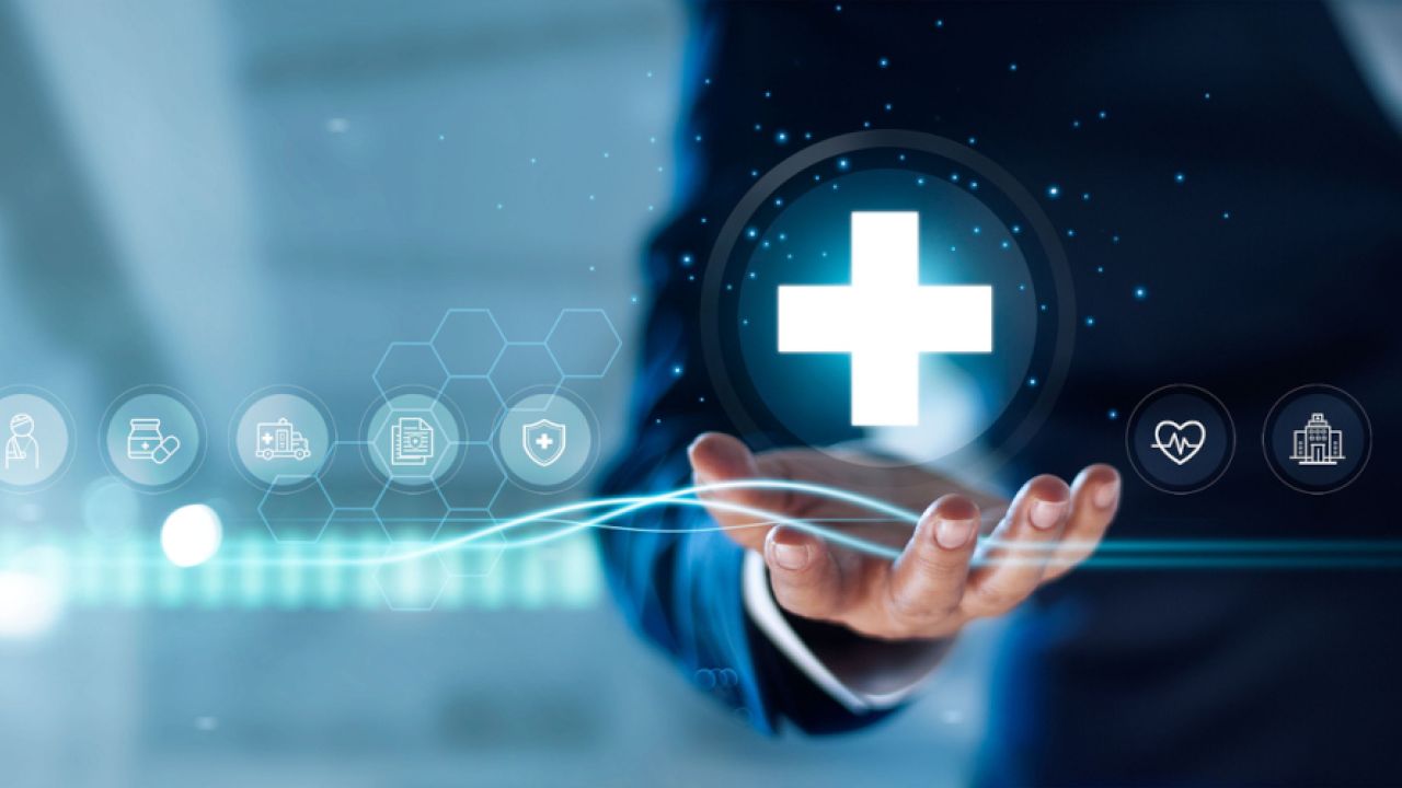 Businessman hold virtual medical network connection icons. Covid-19 pandemic develop people awareness and spread attention on their healthcare, rising growth in hospital and health insurance business.